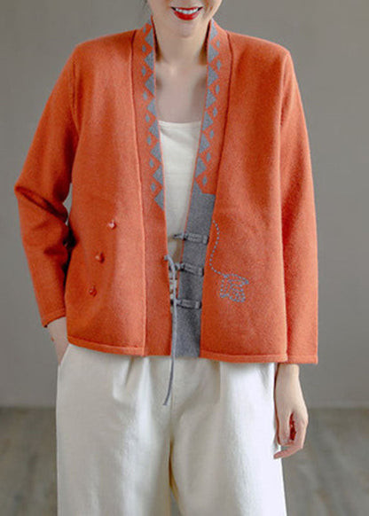 Art Beige V Neck Embroideried Asymmetrical Design Patchwork Fall Knit Sweaters