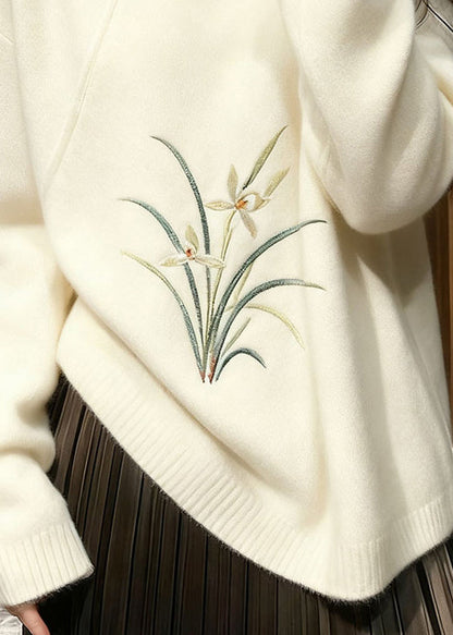 White Stand Collar Button Orchid Knit Sweaters Winter