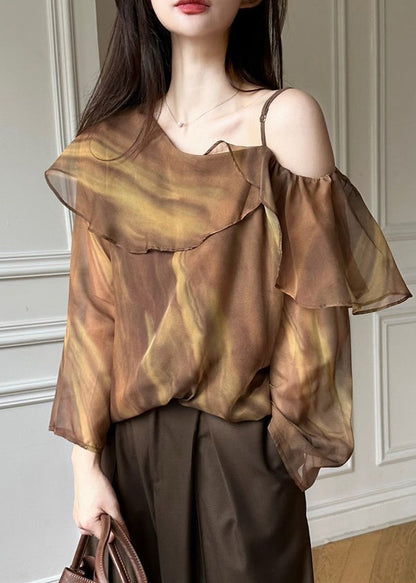 Brown One Shoulder Tie Dye Chiffon Blouse Top Spring