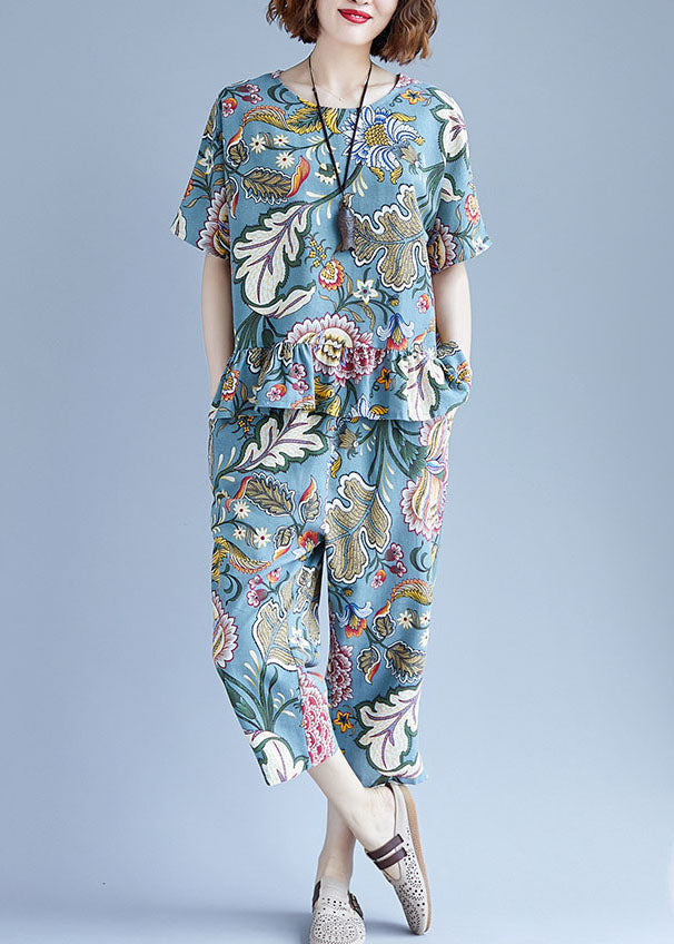 Blue O-neck Cotton Tops and Crop Pants Two Pieces Set Spring