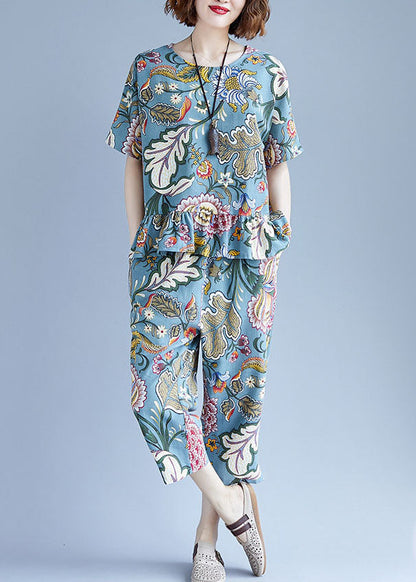 Blue O-neck Cotton Tops and Crop Pants Two Pieces Set Spring