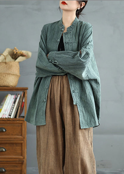 Green Stand Collar Chinese Button Cotton Shirt Top Spring