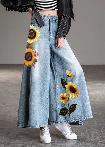 Diy Light Blue Pockets Wide Leg Fall Denim Pants