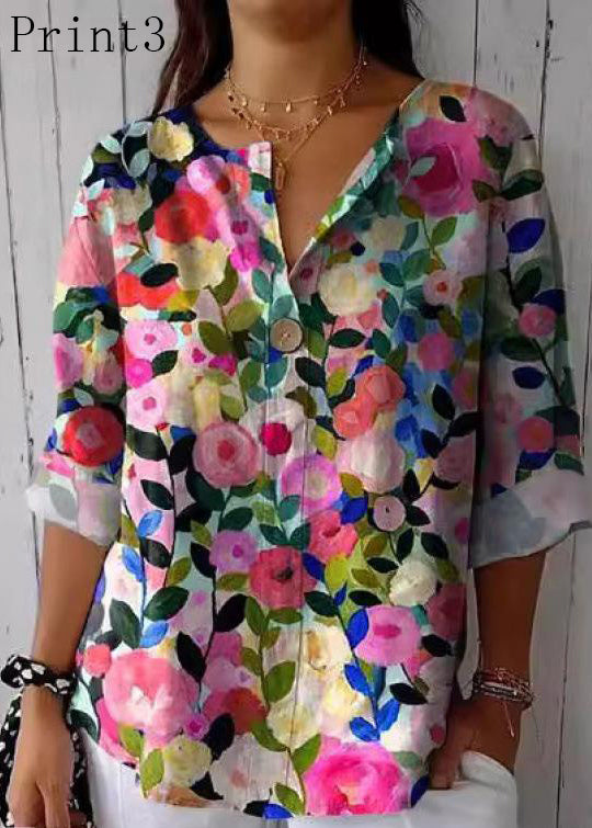 New O-neck Print Button Cotton Shirt Spring