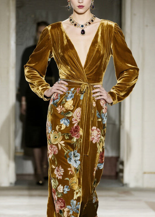 Yellow V Neck Print Velvet Maxi Dresses Fall