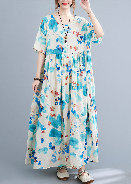 Blue O Neck Print Pockets Cotton Dress Summer
