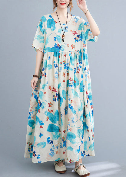 Blue O Neck Print Pockets Cotton Dress Summer