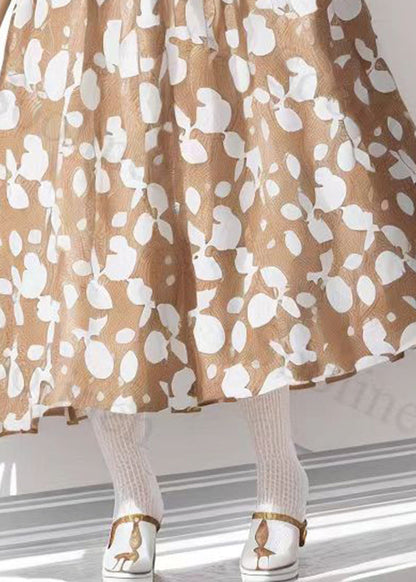 Khaki O-neck Print Patchwork Silk Holiday Dress Summer