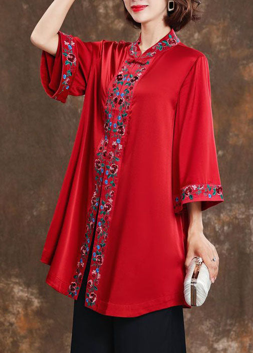 Red Stand Collar Silk Shirts Bracelet Sleeve