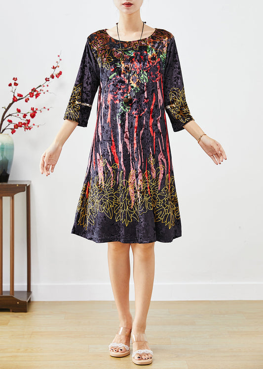 Black Print Silk Velour Maxi Dresses Half Sleeve