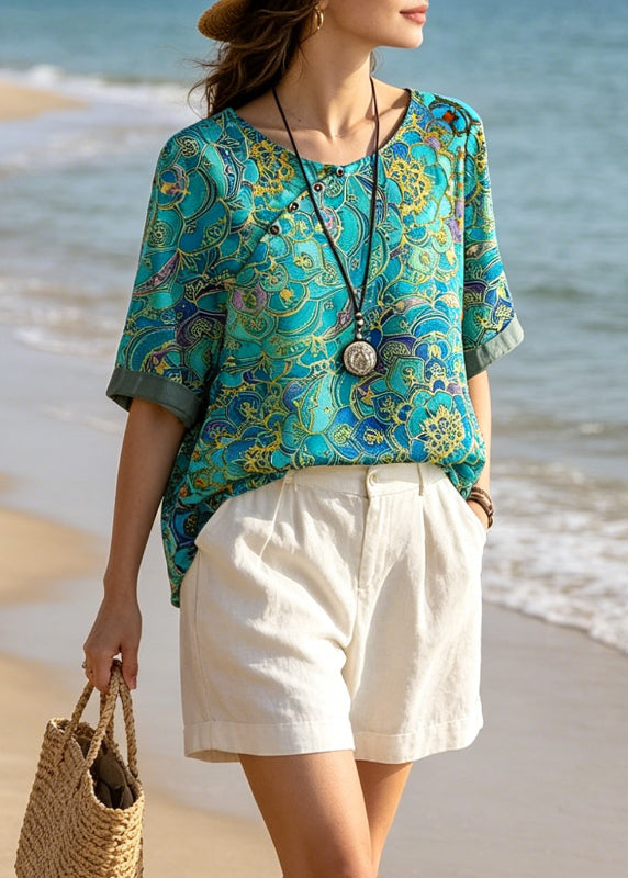 Diy Green O Neck Print Patchwork Cotton T Shirts Tops Summer