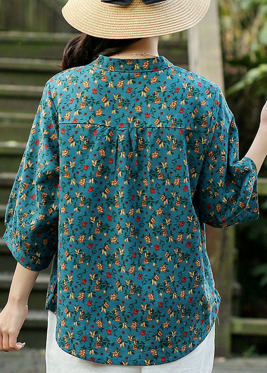 Blue Print Linen Loose Shirts for O-neck Button Bracelet Sleeve