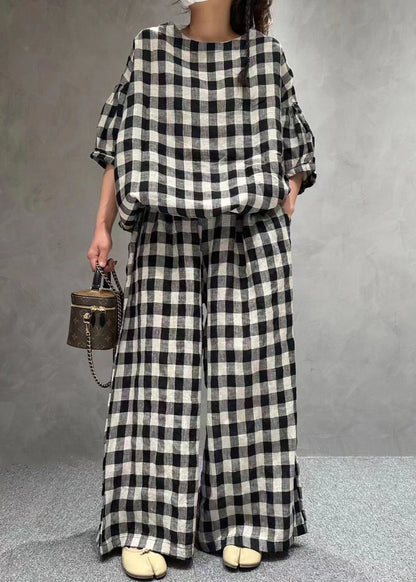French Small Plaid O-neck Pockets Cotton Two Pieces Set Half Sleeve