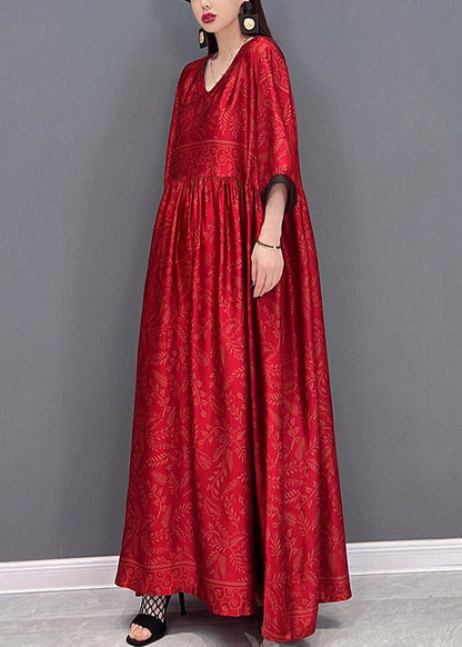 Red Chinese Style Silk Long Dress Wrinkled Short Sleeve Fall