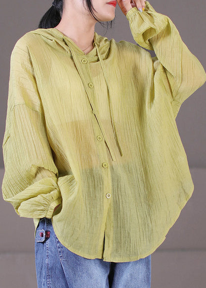 Green Hooded Wrinkled Cotton Upf 50+ Coat Jacket Long Sleeve