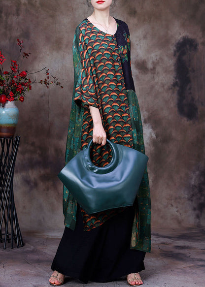 Natural Green O-neck Asymmetrical Print Patchwork Silk Cardigans and Wide Leg Pants Two Pieces Set Long Sleeve
