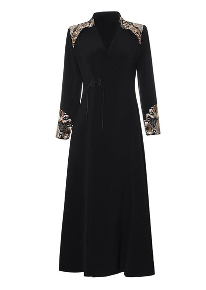 Black V Neck Embroideried Button Satin Trench Coats Fall