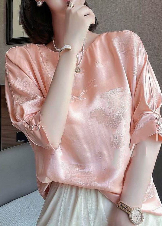 Pink O-neck Jacquard Button Silk Blouse Tops Half Sleeve