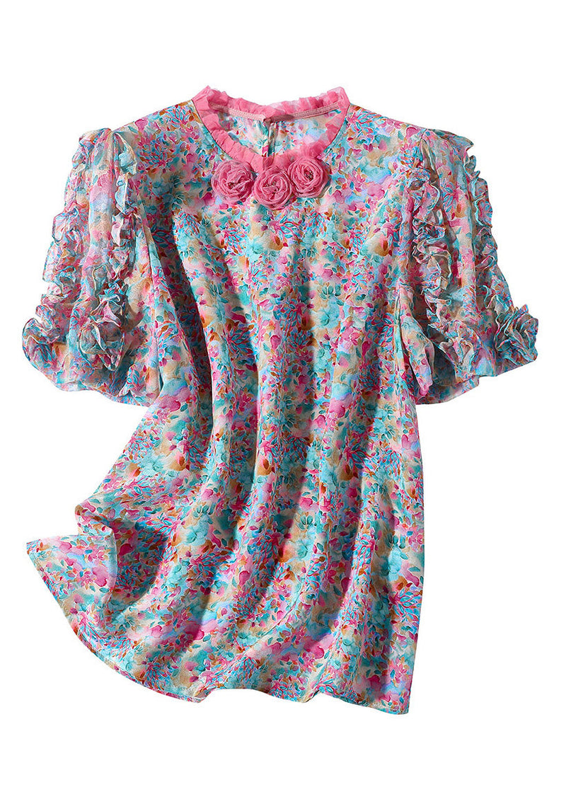 Ruffled Print Button Silk Top Short Sleeve