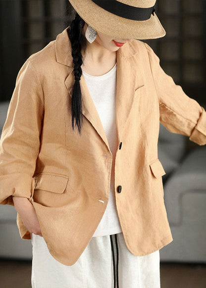 Navy Peter Pan Collar Pockets Linen Coats Long Sleeve