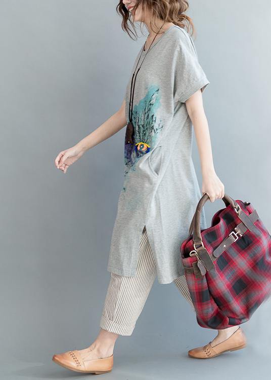 Organic Grey Print Cotton Side Open Summer Vacation Dresses