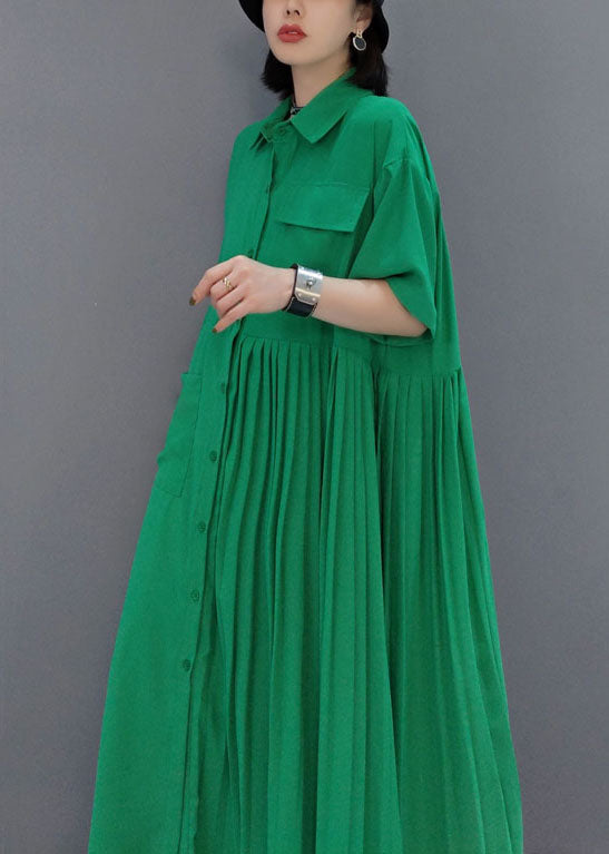Unique Green Asymmetrical Wrinkled Pocket Shirt Dress Spring