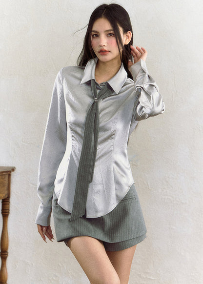 Grey Peter Pan Collar Button Shirt Fall