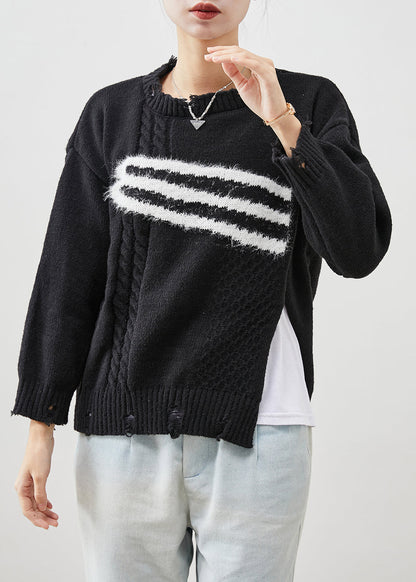 Black Side Open Knit Ripped Sweaters Winter