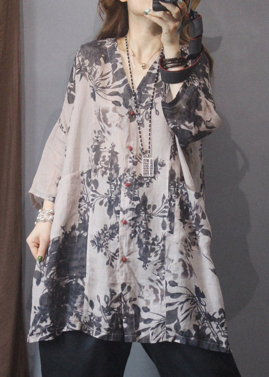 Art Grey V Neck Button Side Open Pockets Print Linen Shirt Top Summer