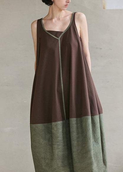 Diy Colorblock V Neck Patchwork Cotton Dresses Sleeveless