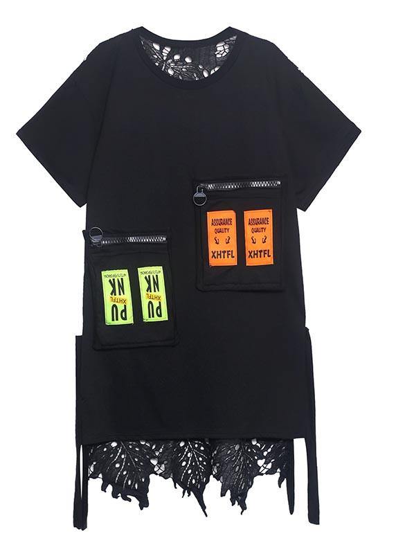 Fine Black Patchwork Lace Pockets Ankle Summer Cotton Dress
