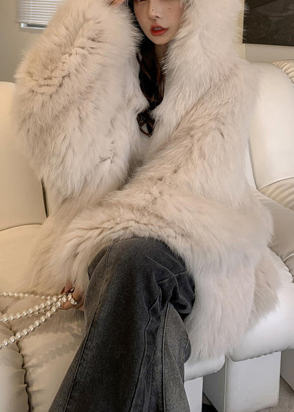 White Hooded Oversized Fox Fur Coats Winter
