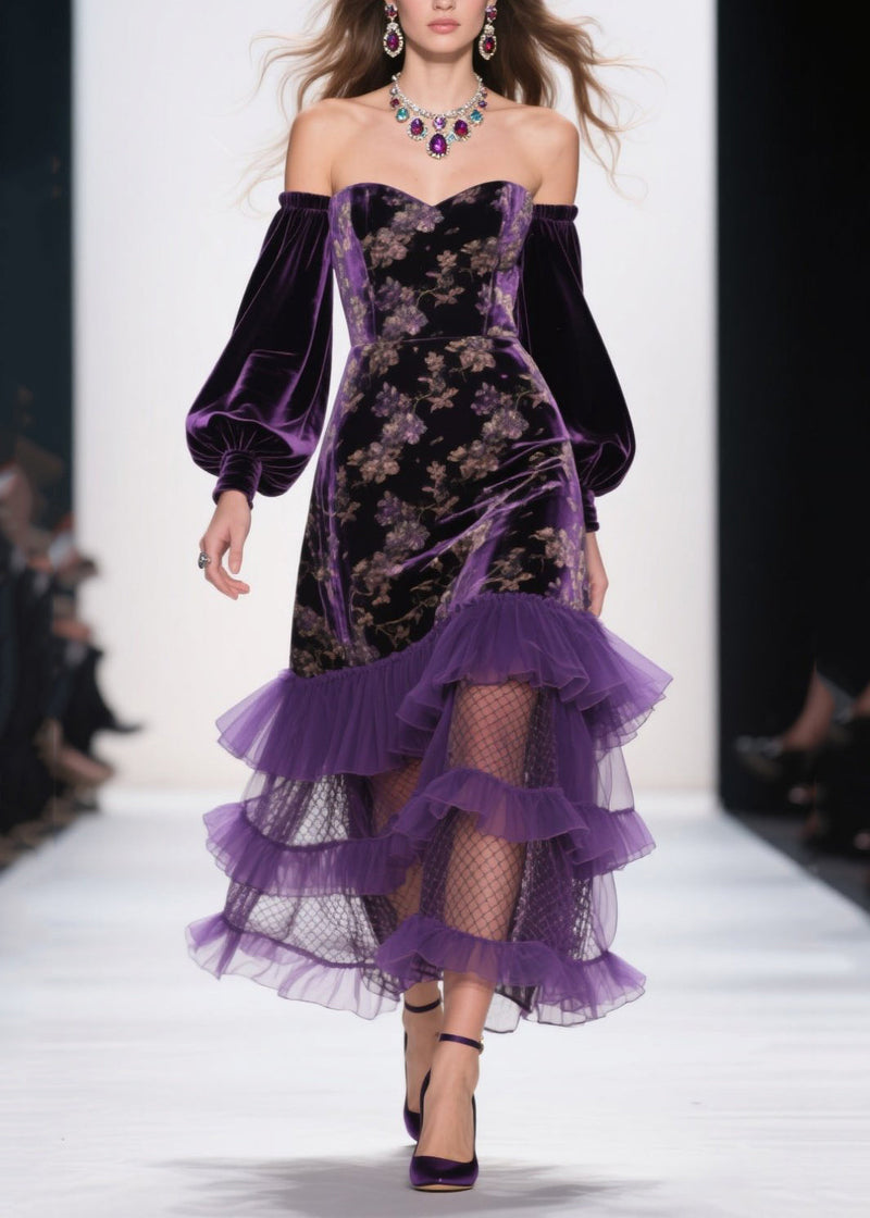Art Purple Cold Shoulder Print Ruffled Velvet Dress Fall