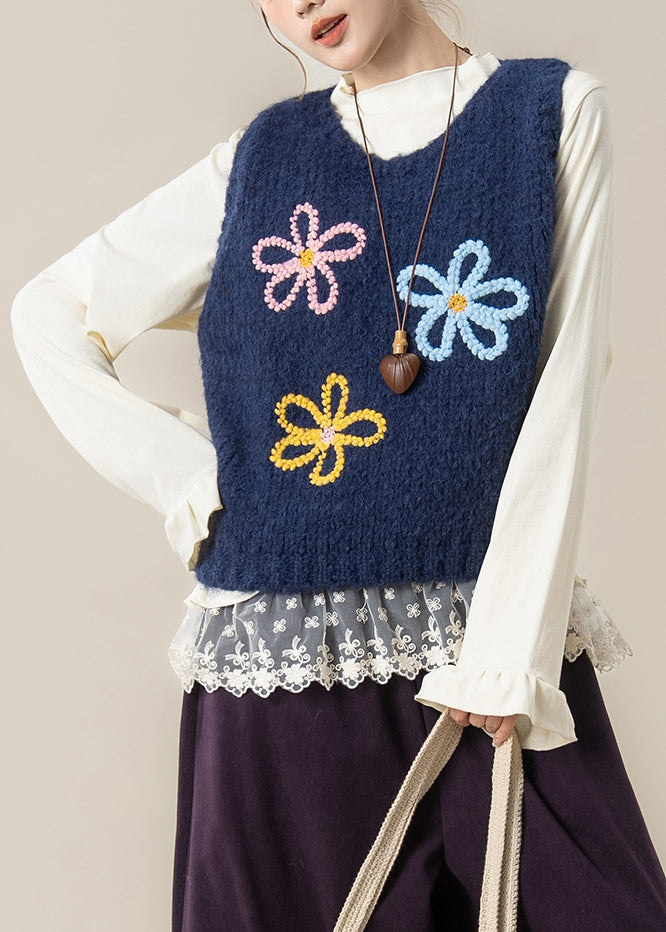 Navy Cozy Knit Vest Tops O Neck Spring