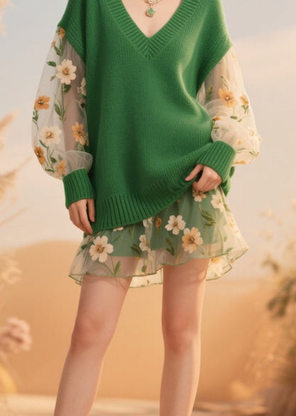 Green V Neck Tulle Patchwork Knit Sweaters Fall