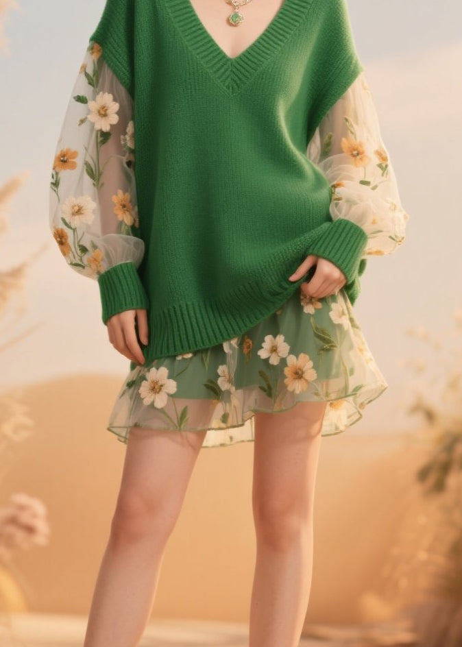 Green V Neck Tulle Patchwork Knit Sweaters Fall