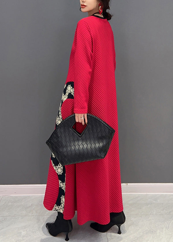 Red O Neck Print Patchwork Knit Long Dress Fall