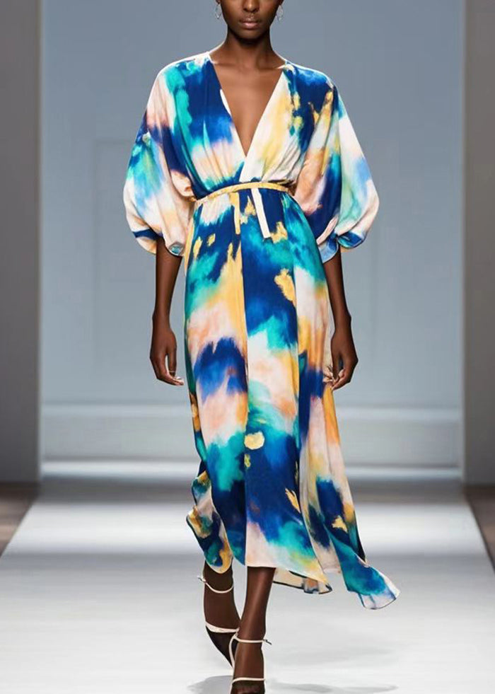 Bobo Blue Tie Dye Chiffon Dress V Neck Lantern Sleeve