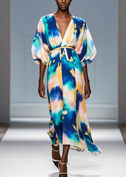 Bobo Blue Tie Dye Chiffon Dress V Neck Lantern Sleeve