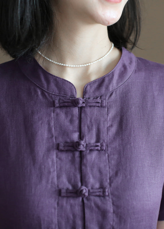 Purple Stand Collar Cinched Button Linen Cinch Dress Short Sleeve
