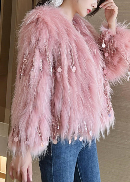 Pink O-neck Tassel Leather and Fur Coats Winter