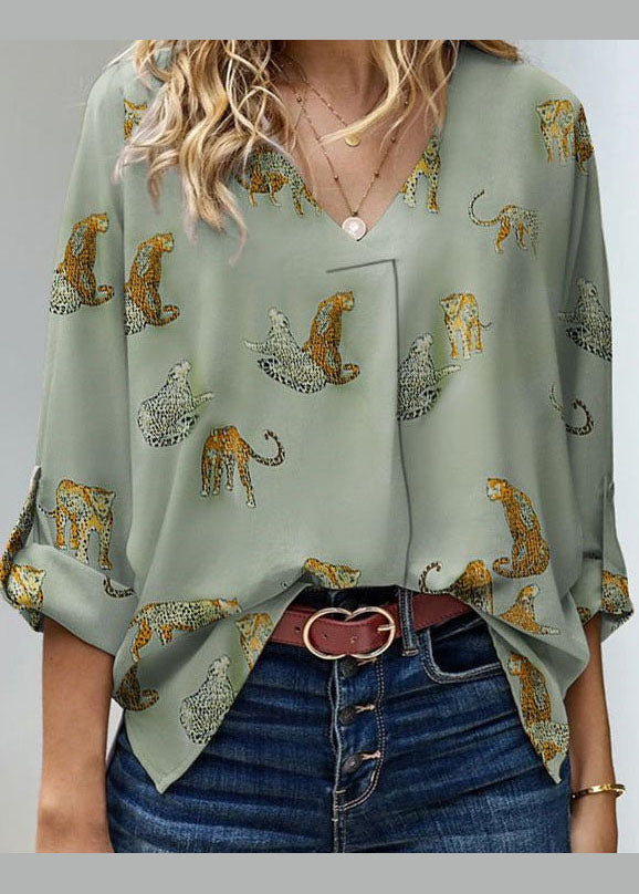 Italian Light Yellow V Neck Animal Print Chiffon Shirt Long Sleeve
