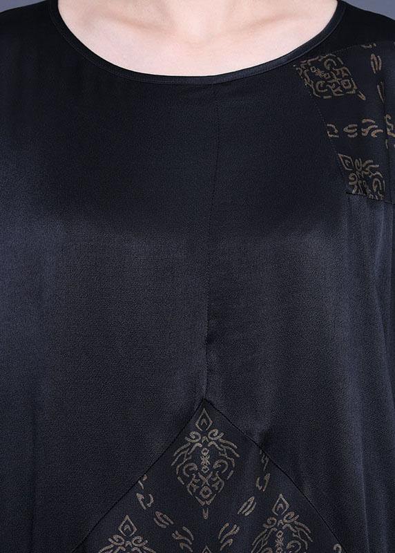 Fine Black Patchwork Print O-neck Silk Summer Dresses