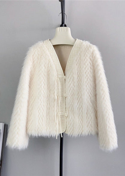 Apricot V Neck Tasseled Patchwork Mink Velvet Jacket Winter