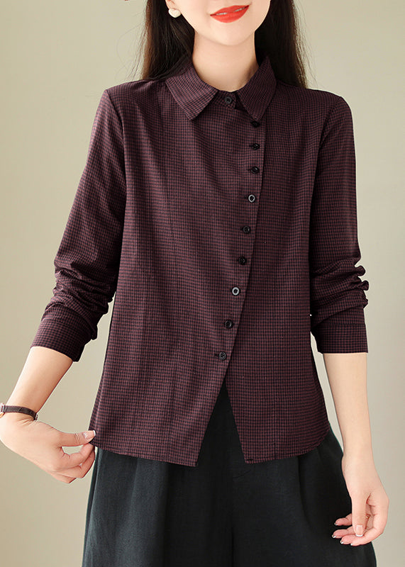 Dull Red Peter Pan Collar Plaid Button Cotton Shirt Spring