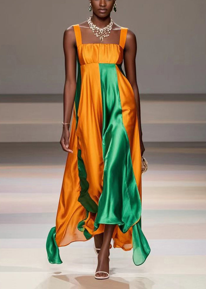 Yellow Asymmetrical Patchwork Silk Cami Dresses Summer