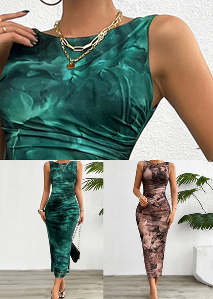 Brown Side Open Tulle Long Dress O Neck Summer
