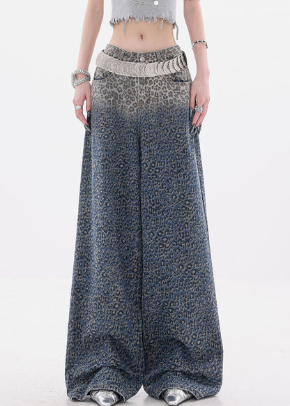 Gradient Color Leopard High Waist Denim Wide Leg Pants Fall