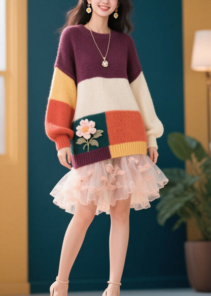 Stylish Colorblock O Neck Knit Sweaters Fall