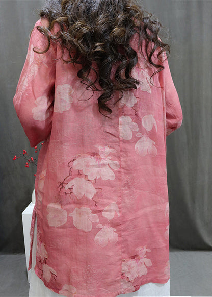 Handmade Pink O-neck Print Button Top Summer